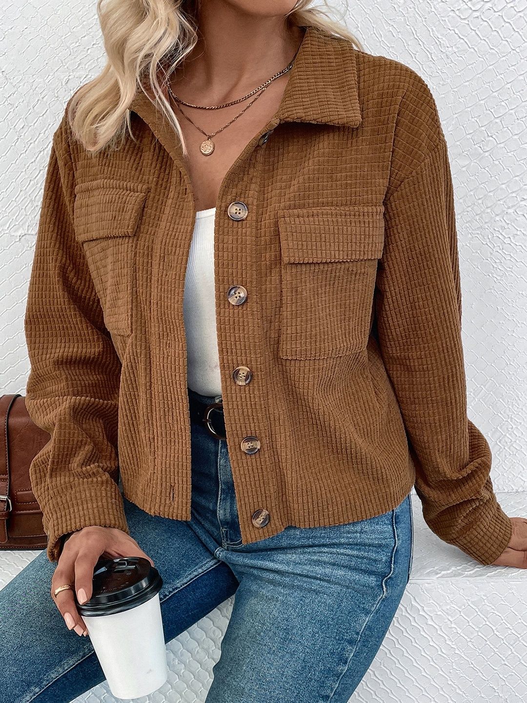 Women Corduroy Open Front Jacket