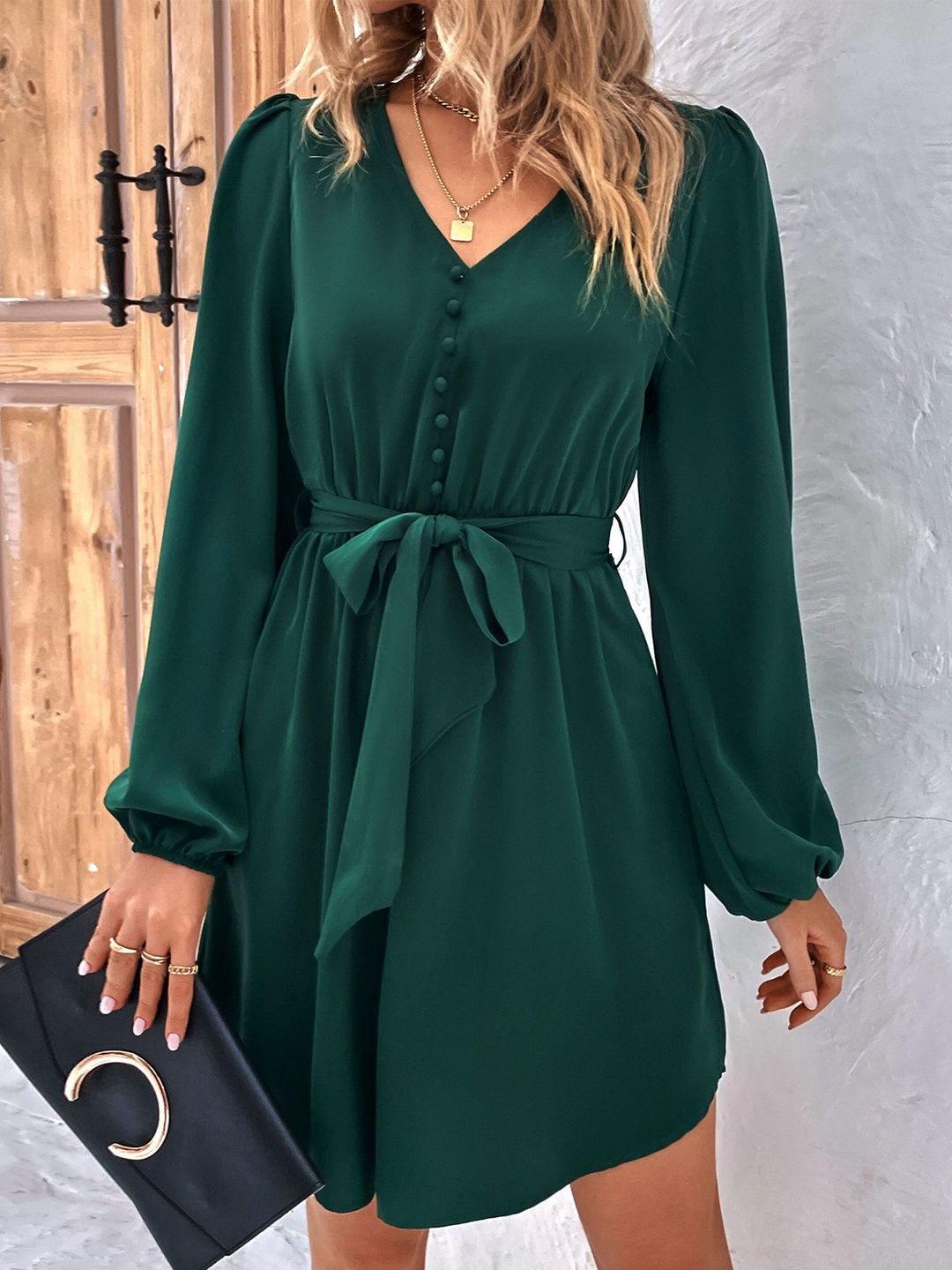 Women's Green Puff Sleeve Fit & Flare Dress
