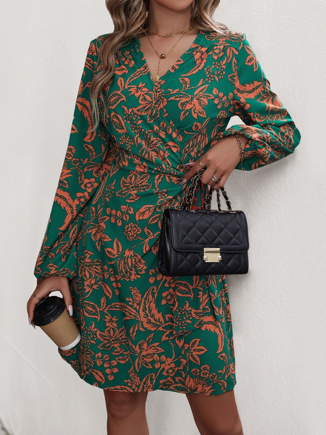 Women's Green Floral Print Dress Blend