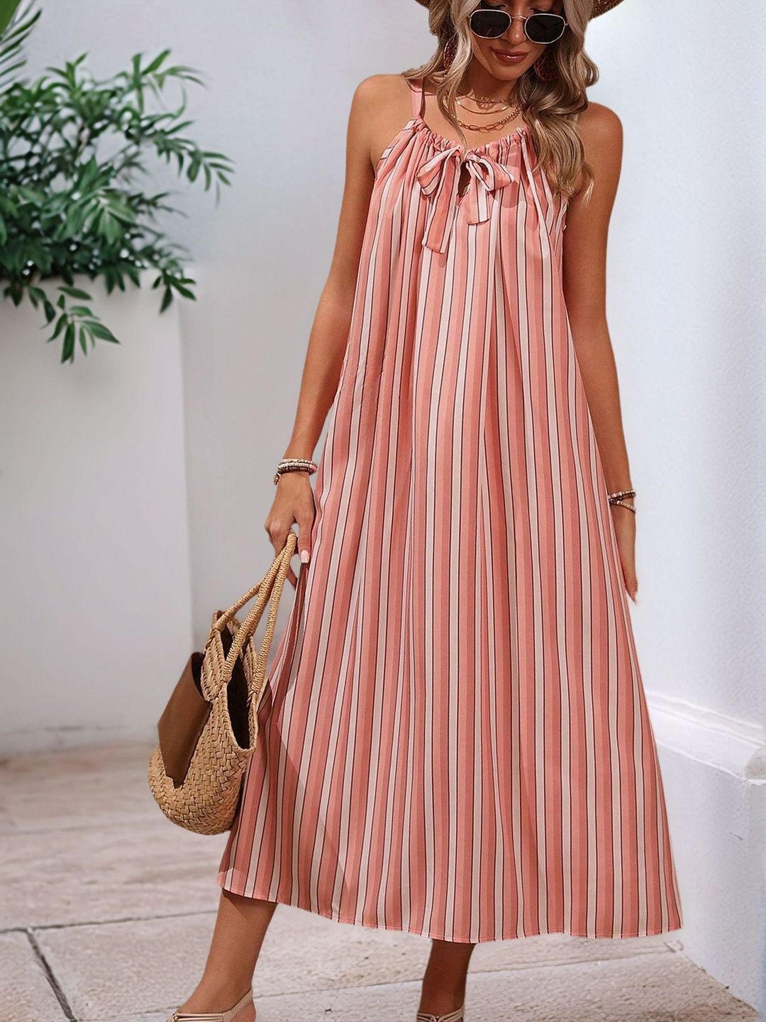 Striped Tie-Up Neck Midi Dress