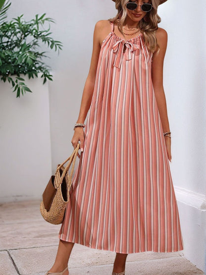 Striped Tie-Up Neck Midi Dress