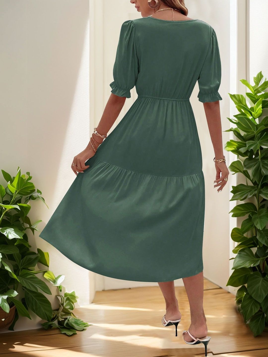 Puff Sleeve Fit & Flare Midi Dress