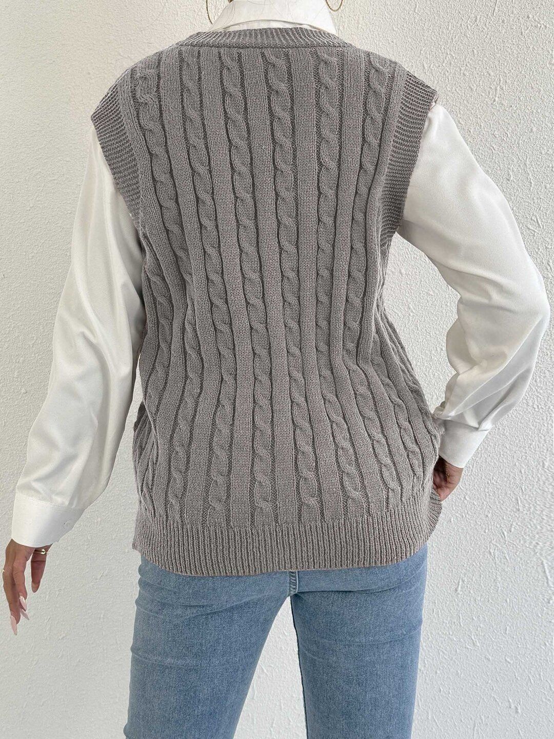 Women Cable Knit Sweater Vest with Applique Detail