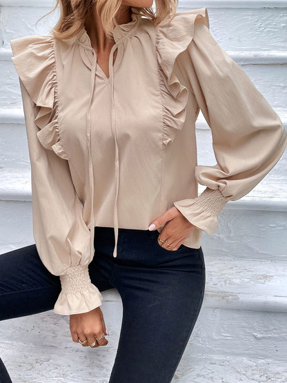 Women's Beige Bishop Sleeves Ruffles Top
