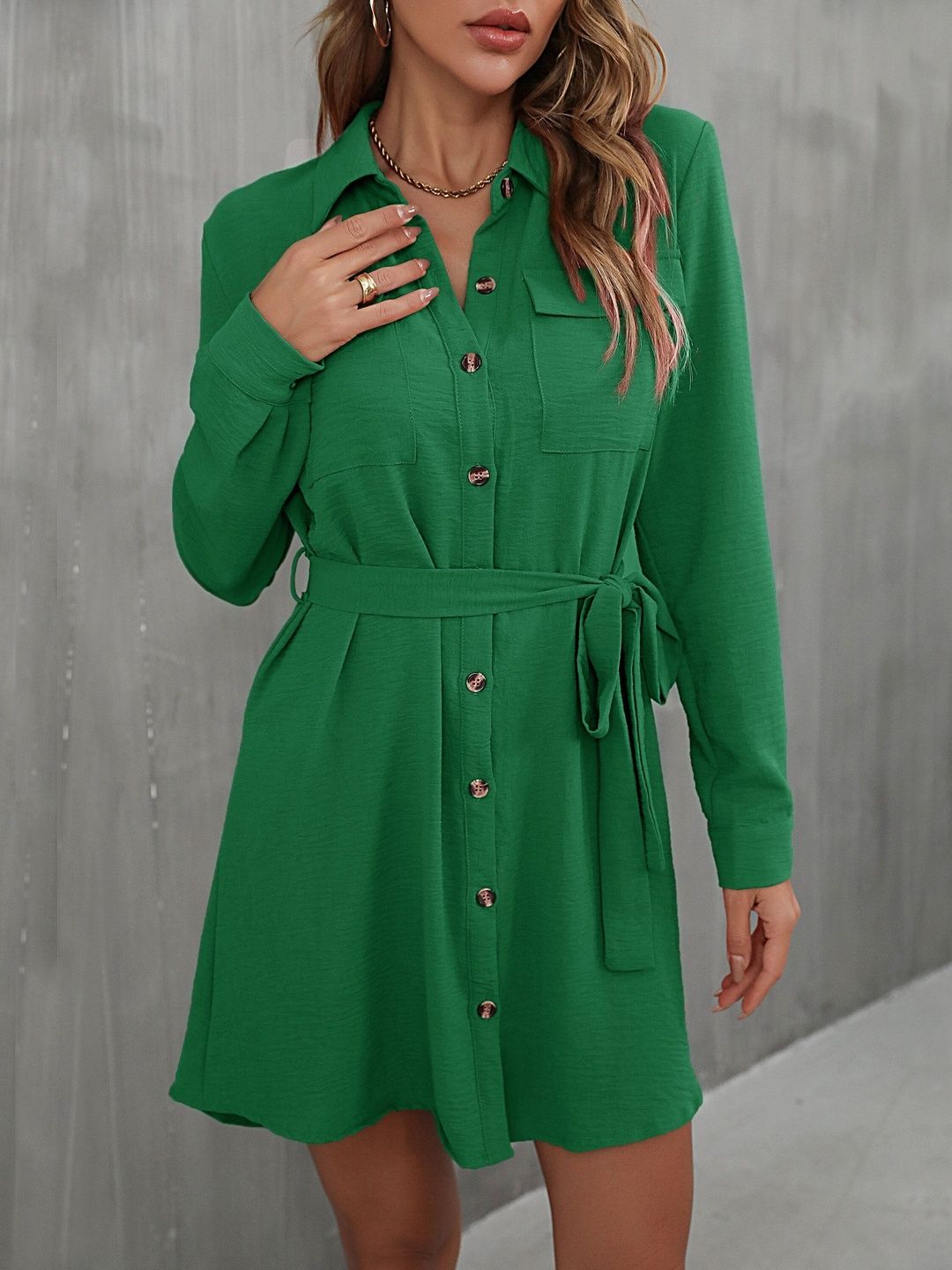 Women's Green Shirt Dress Blend Printed Regular Fit