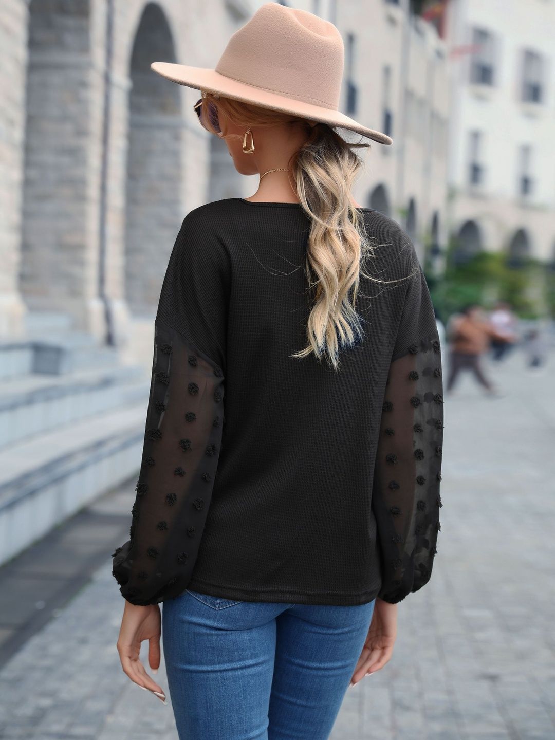 Women's Black Ribbed Pullover With Fuzzy Detail