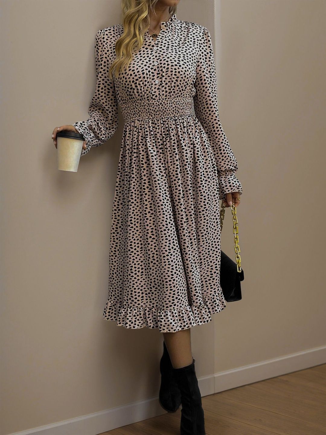 Women's Pink Animal Print Fit & Flare Midi Dress