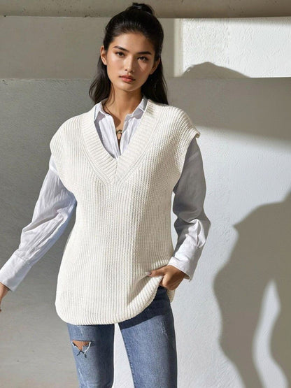 Ribbed Sweater Vest in White acrylic - Nowi Korean Fashion