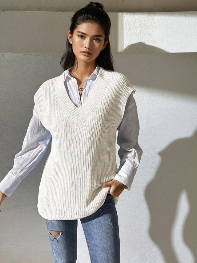 Ribbed Sweater Vest in White acrylic - Nowi Korean Fashion