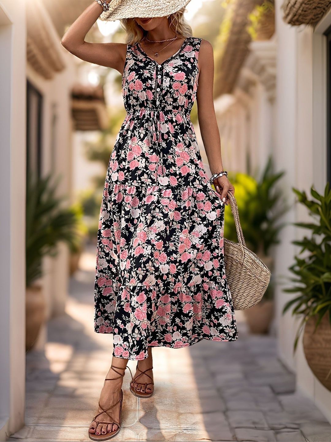 Floral Print A-Line Midi Dress