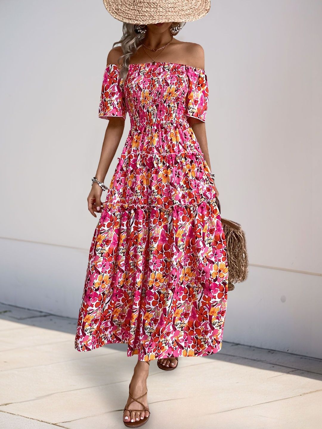Floral Print Off-Shoulder Maxi Midi Dress