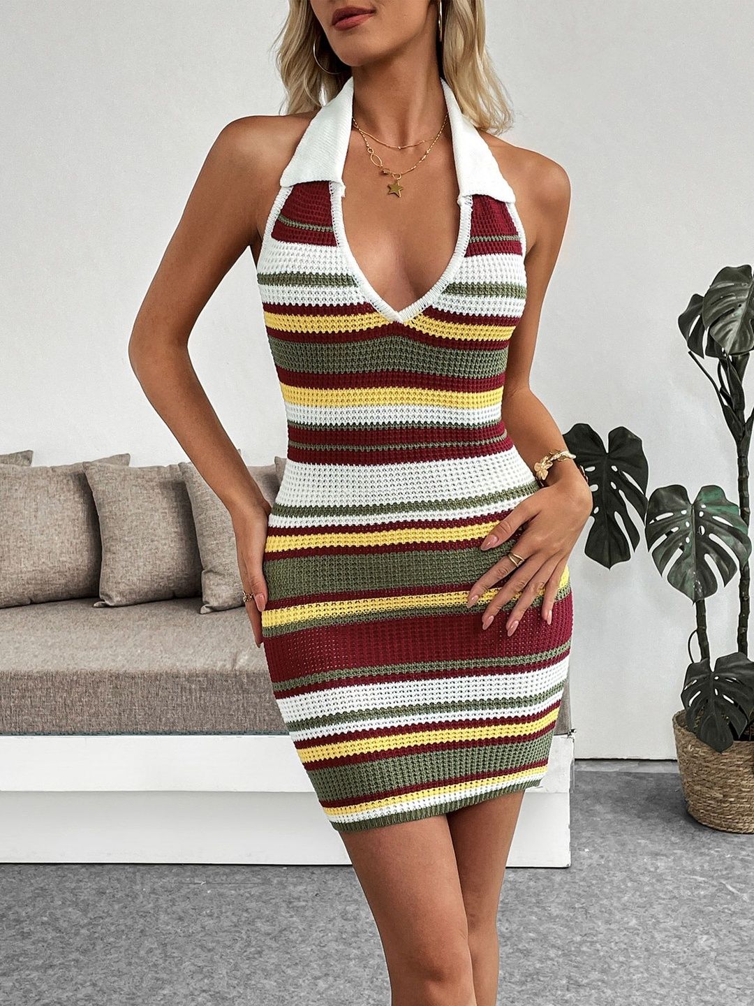 Striped Halter Neck Bodycon Mini Dress - Nowi Korean Fashion