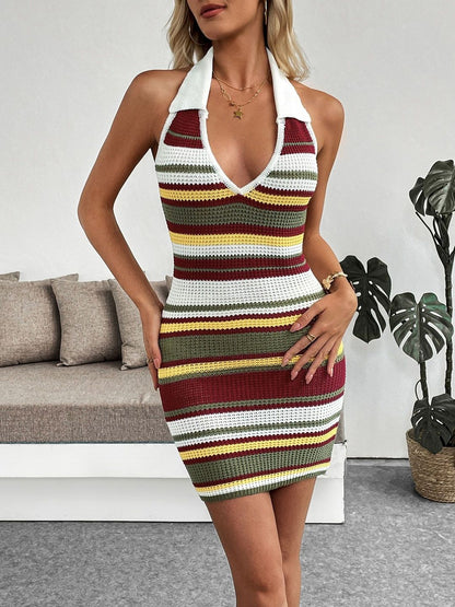 Striped Halter Neck Bodycon Mini Dress - Nowi Korean Fashion
