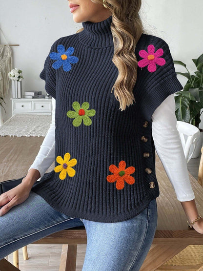 Women Colourblocked Ribbed Sweater Vest with Applique Detail