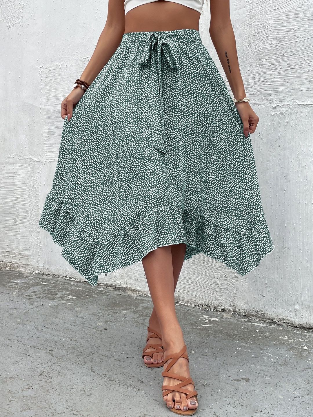 Printed Flared Cotton Skirts in Green Style 640 - Nowi Korean Fashion