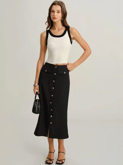 Midi Skirt with Front Split in Black cotton - Nowi Korean Fashion