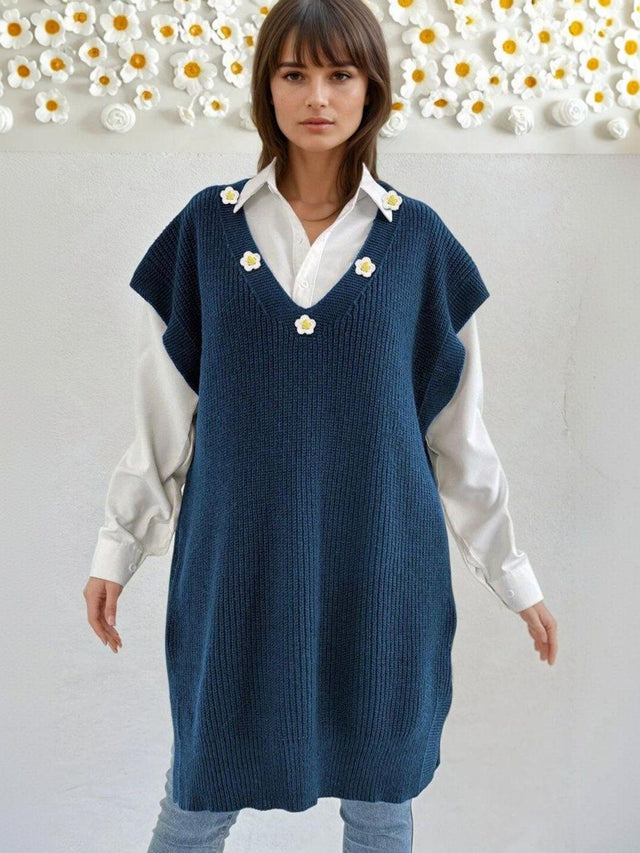 Ribbed Longline Sweater Vest with Applique Detail in Blue acrylic Sleeveless - Nowi Korean Fashion