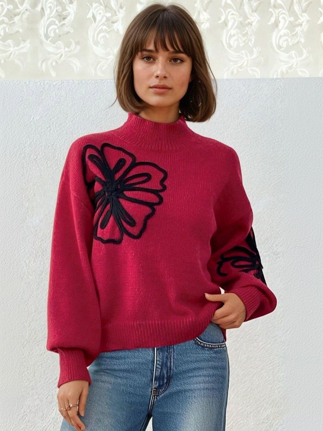 Embroidered Pullover with Embroidered Detail acrylic - Nowi Korean Fashion