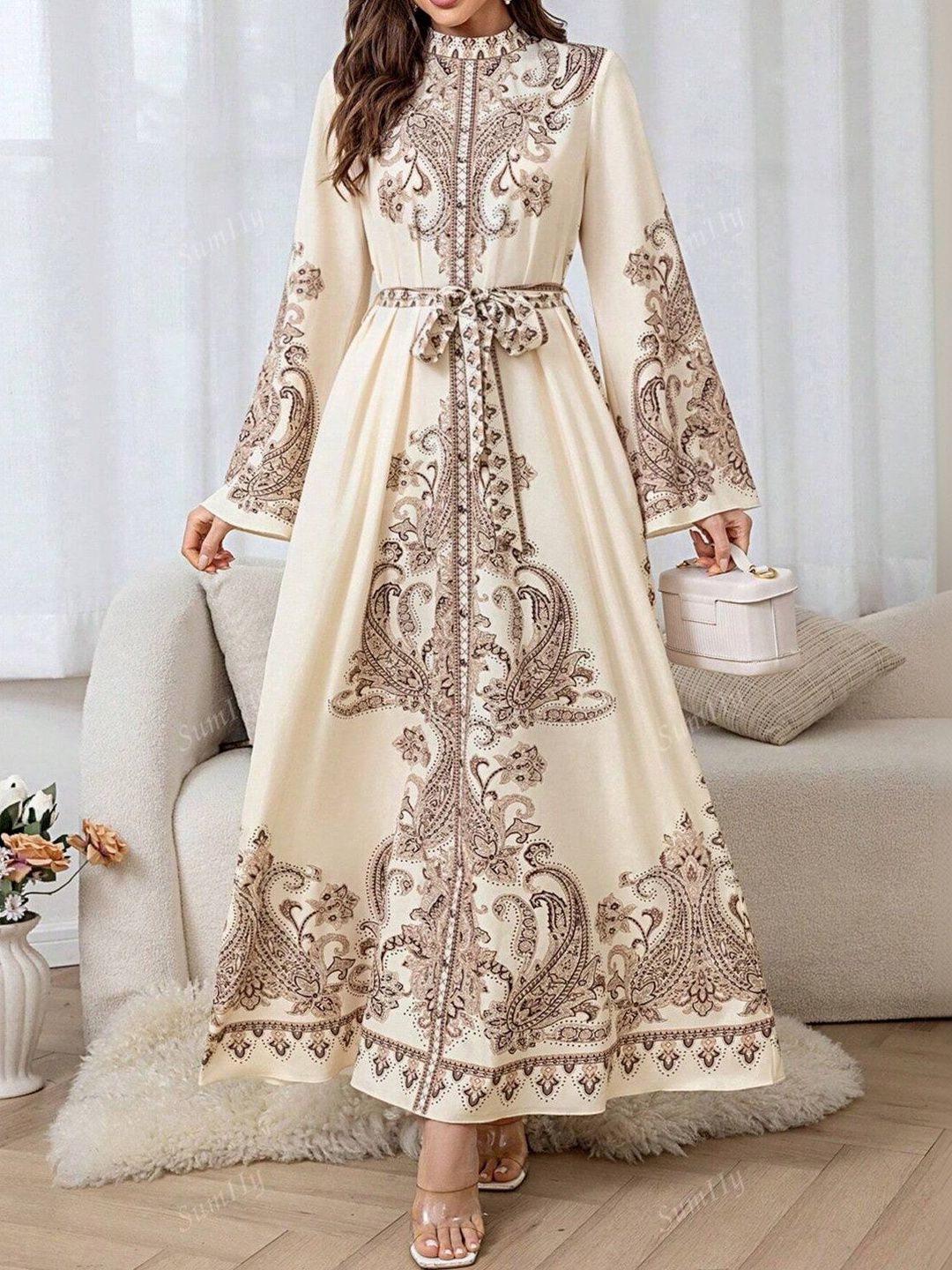 Print Flared Sleeve Sheath Maxi Dress