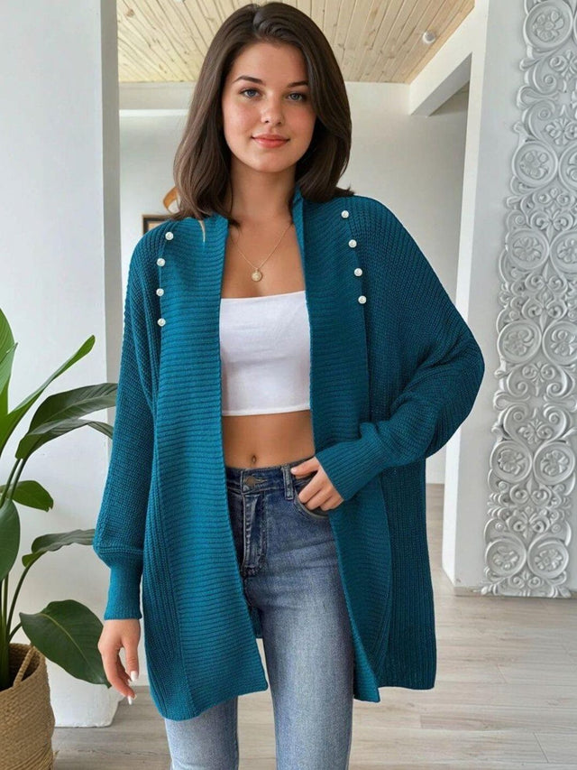 Ribbed Cardigan in Teal acrylic Long Sleeve - Nowi Korean Fashion