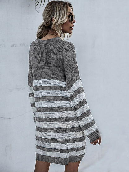 Women's Grey Striped Pullover Blend Regular Fit
