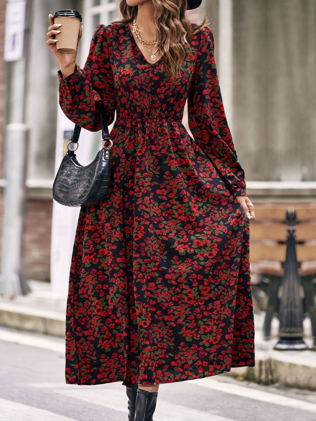 Women's Black Floral Print A-Line Midi Dress Blend