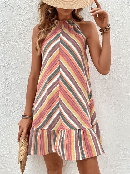 Striped Halter Neck Ruffled A-Line Dress - Nowi Korean Fashion