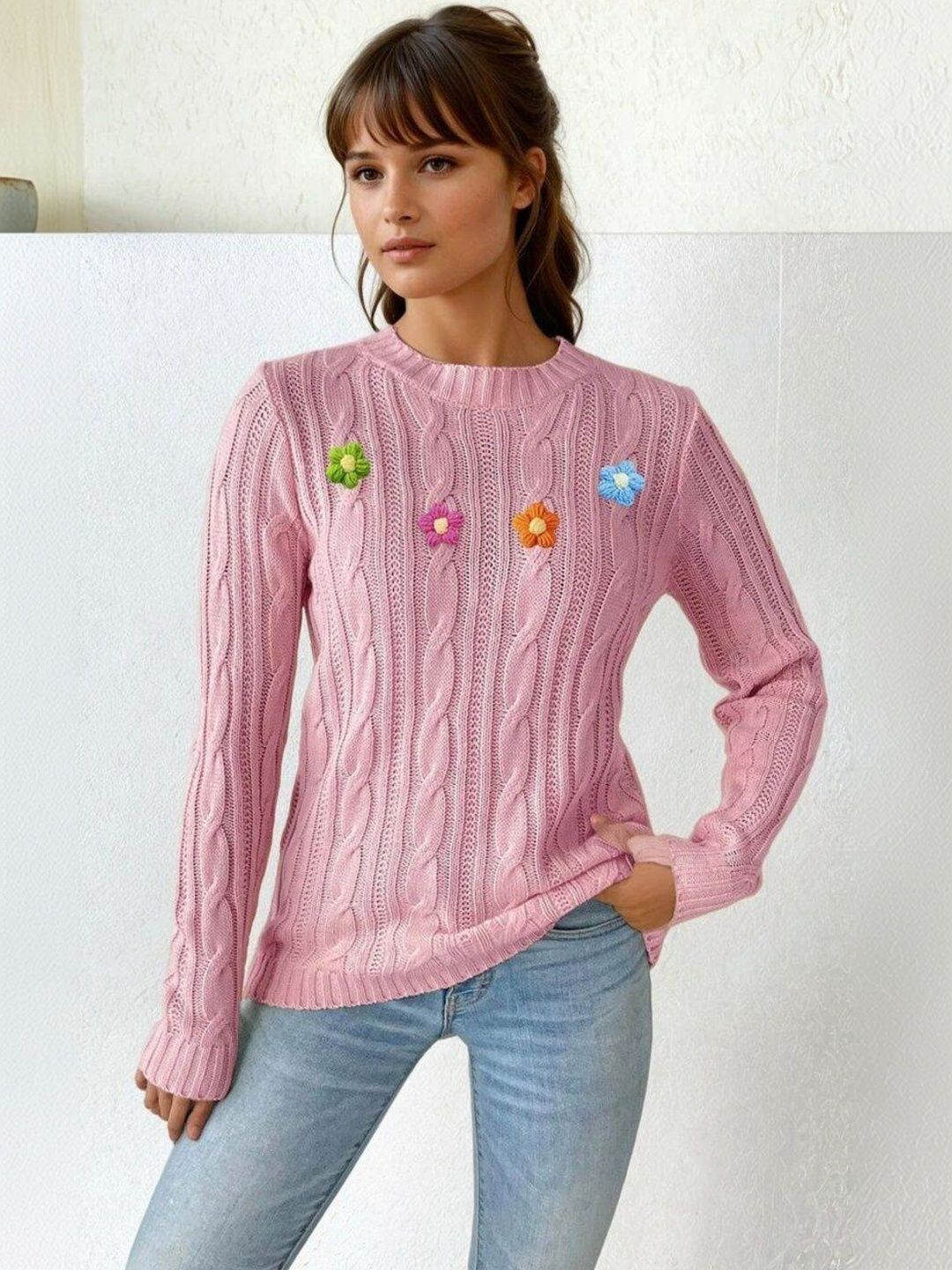 Cable Knit Pullover with Applique Detail in Pink acrylic - Nowi Korean Fashion
