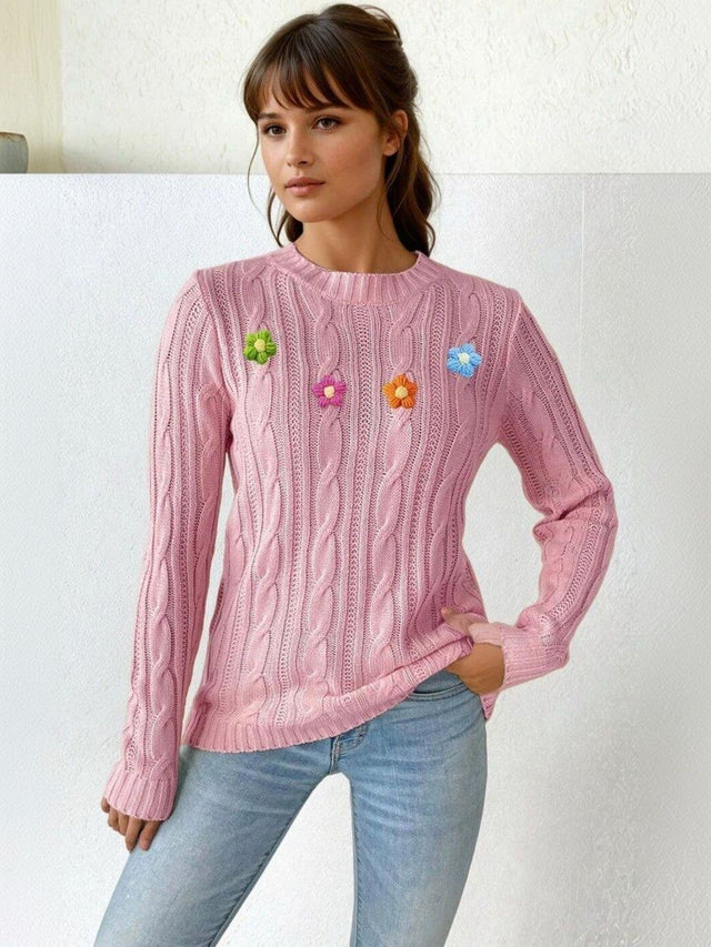 Cable Knit Pullover with Applique Detail in Pink acrylic - Nowi Korean Fashion