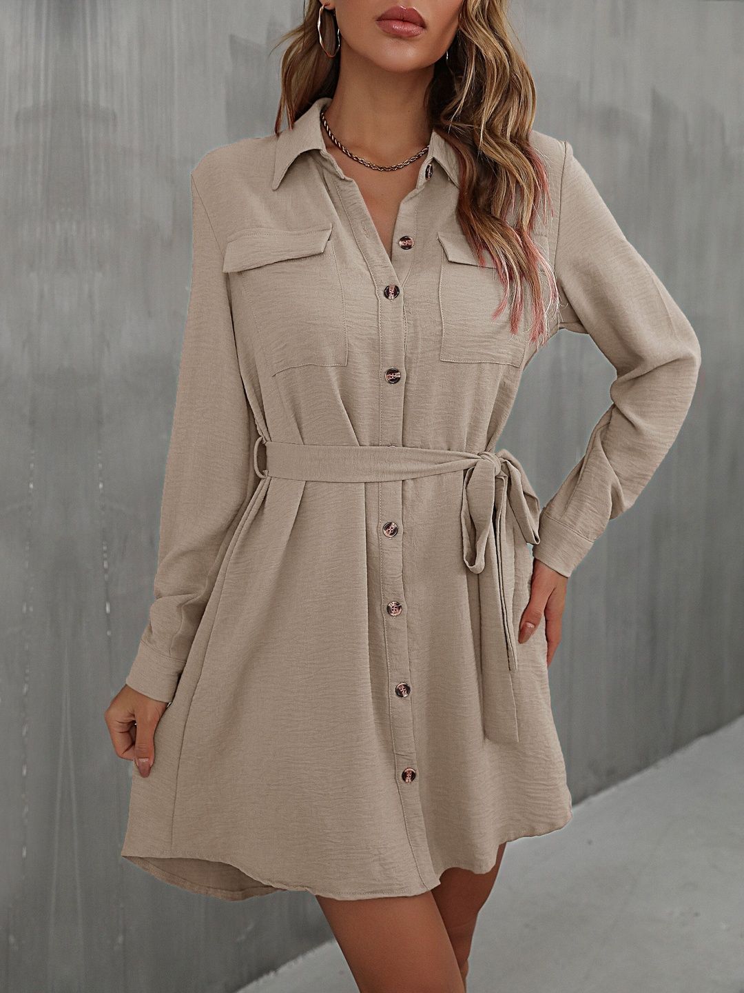 Women's Beige Shirt Dress Blend Printed Regular Fit