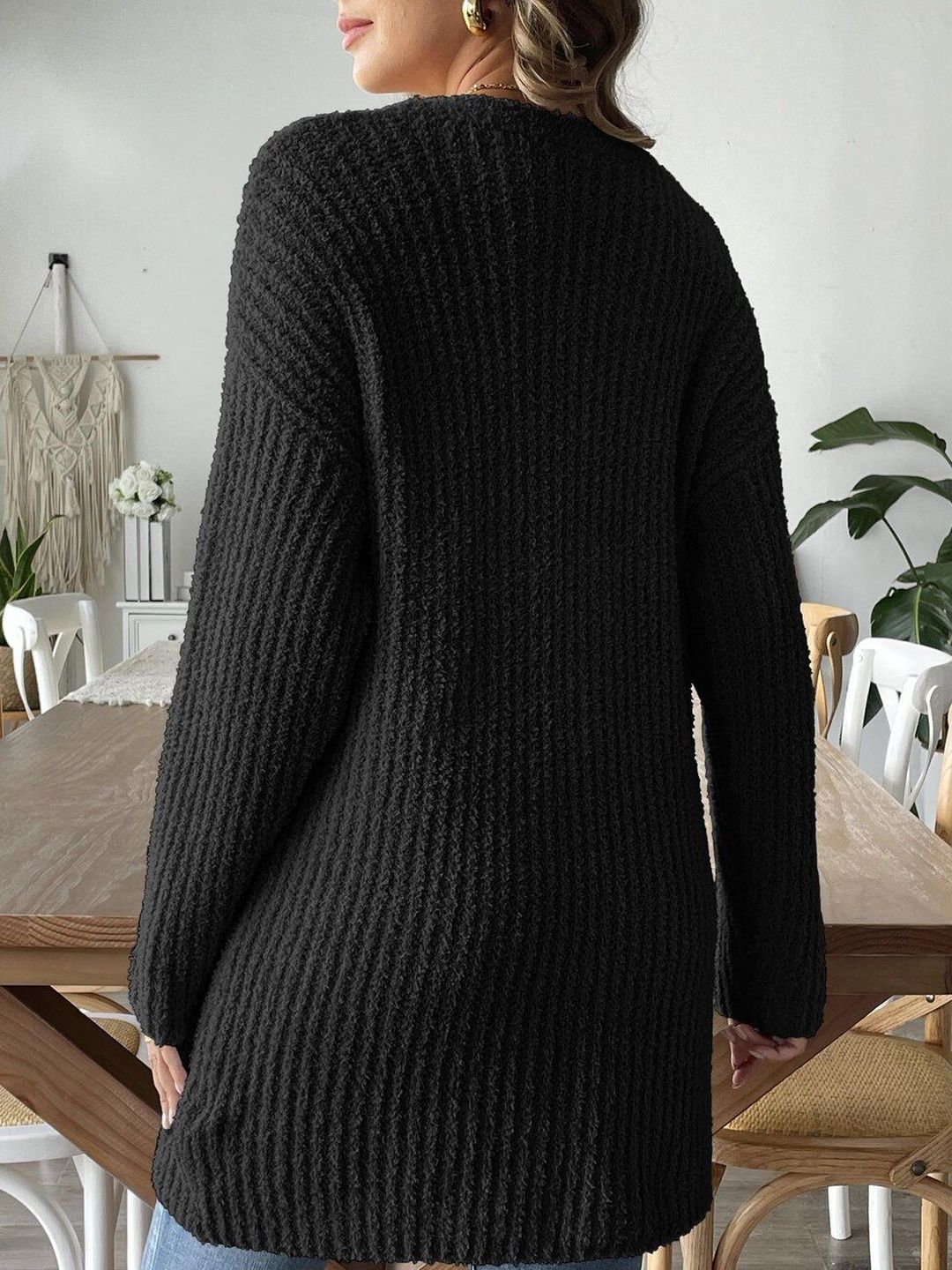 Women Ribbed Cardigan with Fuzzy Detail