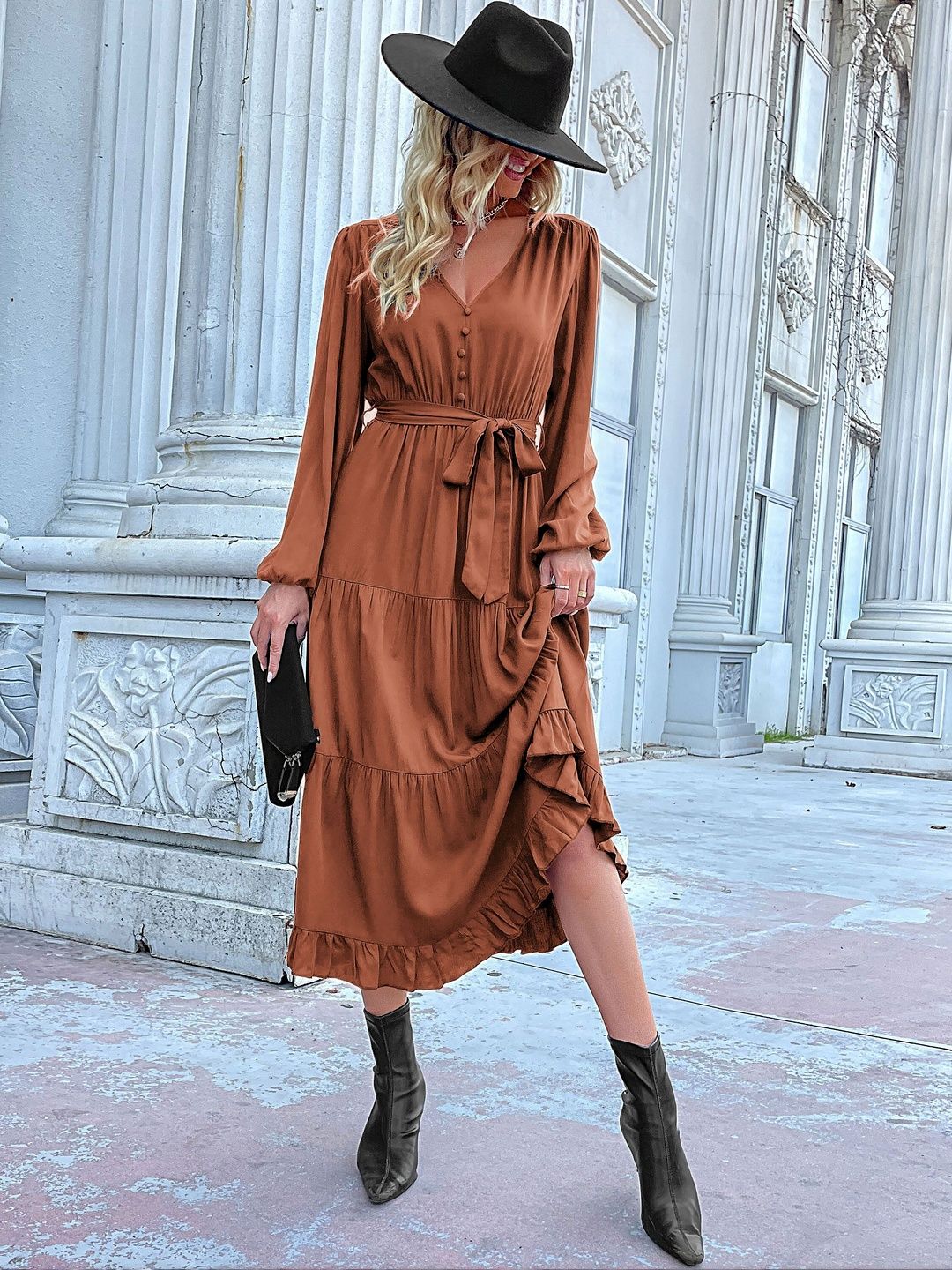Women's Brown Fit & Flare Midi Dress Blend Printed