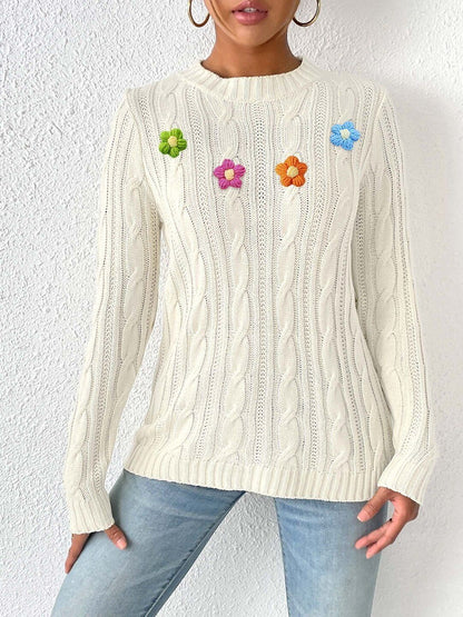 Women Cable Knit Pullover with Applique Detail
