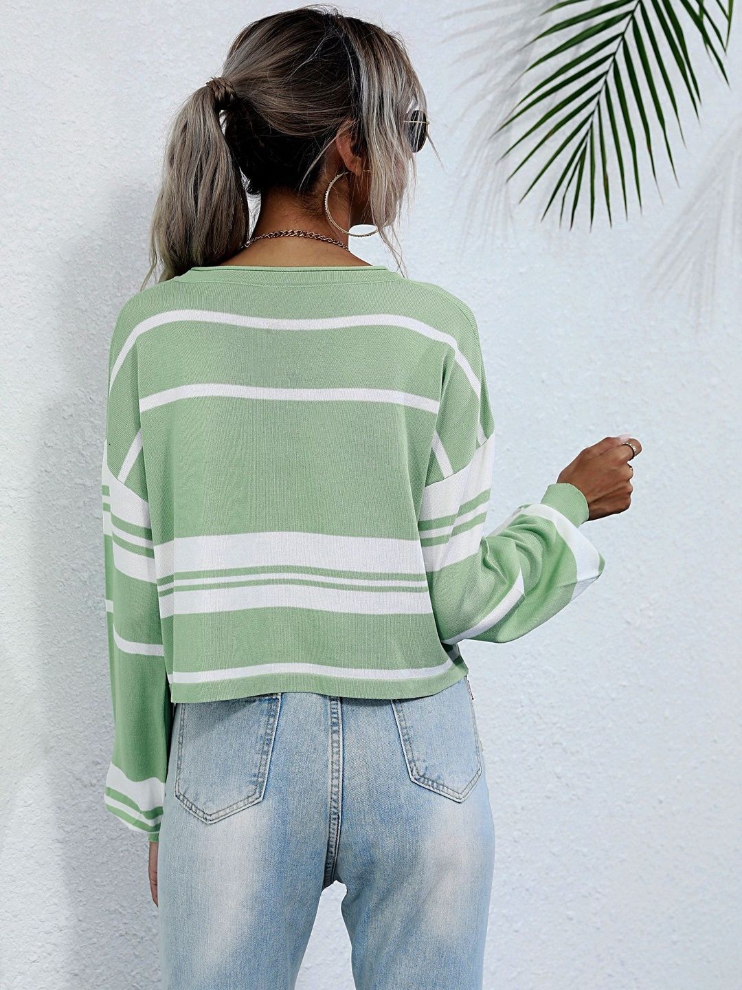 Women's Green Striped Crop Pullover