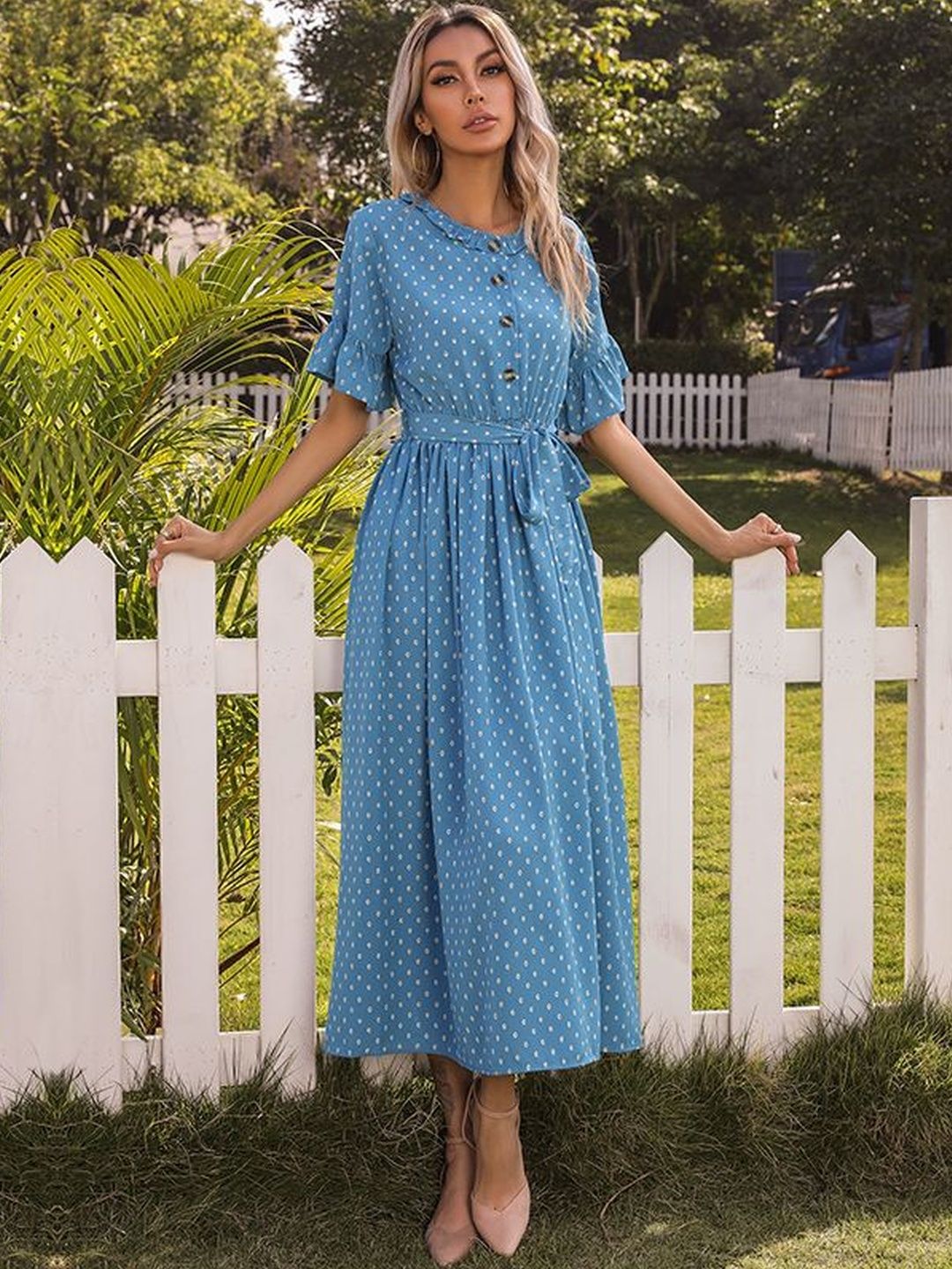 Polka Dot Print Flutter Sleeve Fit & Flare Midi Dress