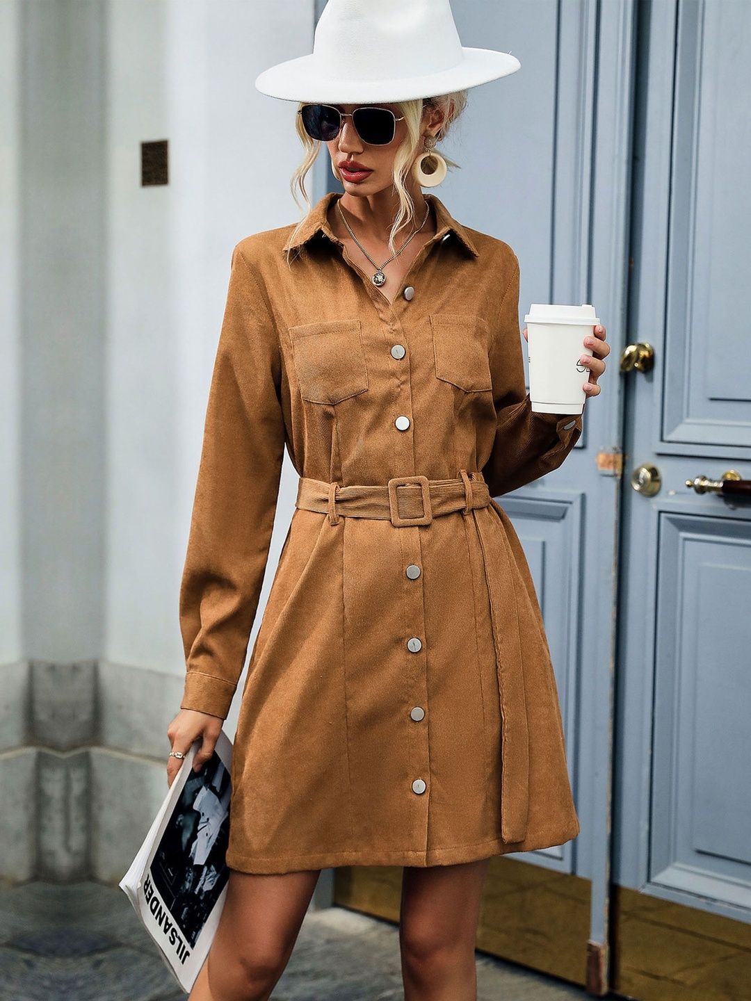 Women's Brown Shirt Dress Blend Printed Regular Fit