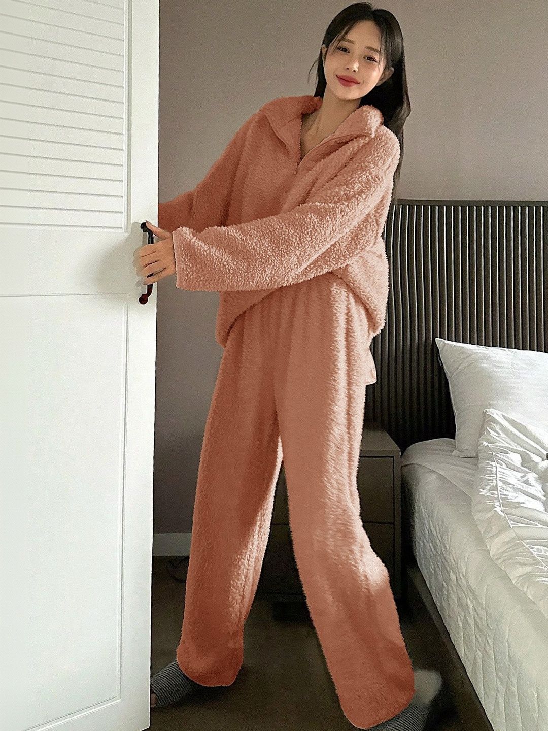 High Neck Sweatshirt & Trousers Co-Ords in Brown - Nowi Korean Fashion