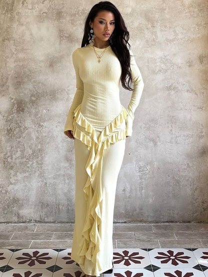 Women's Yellow Ruffled Sheath Maxi Dress