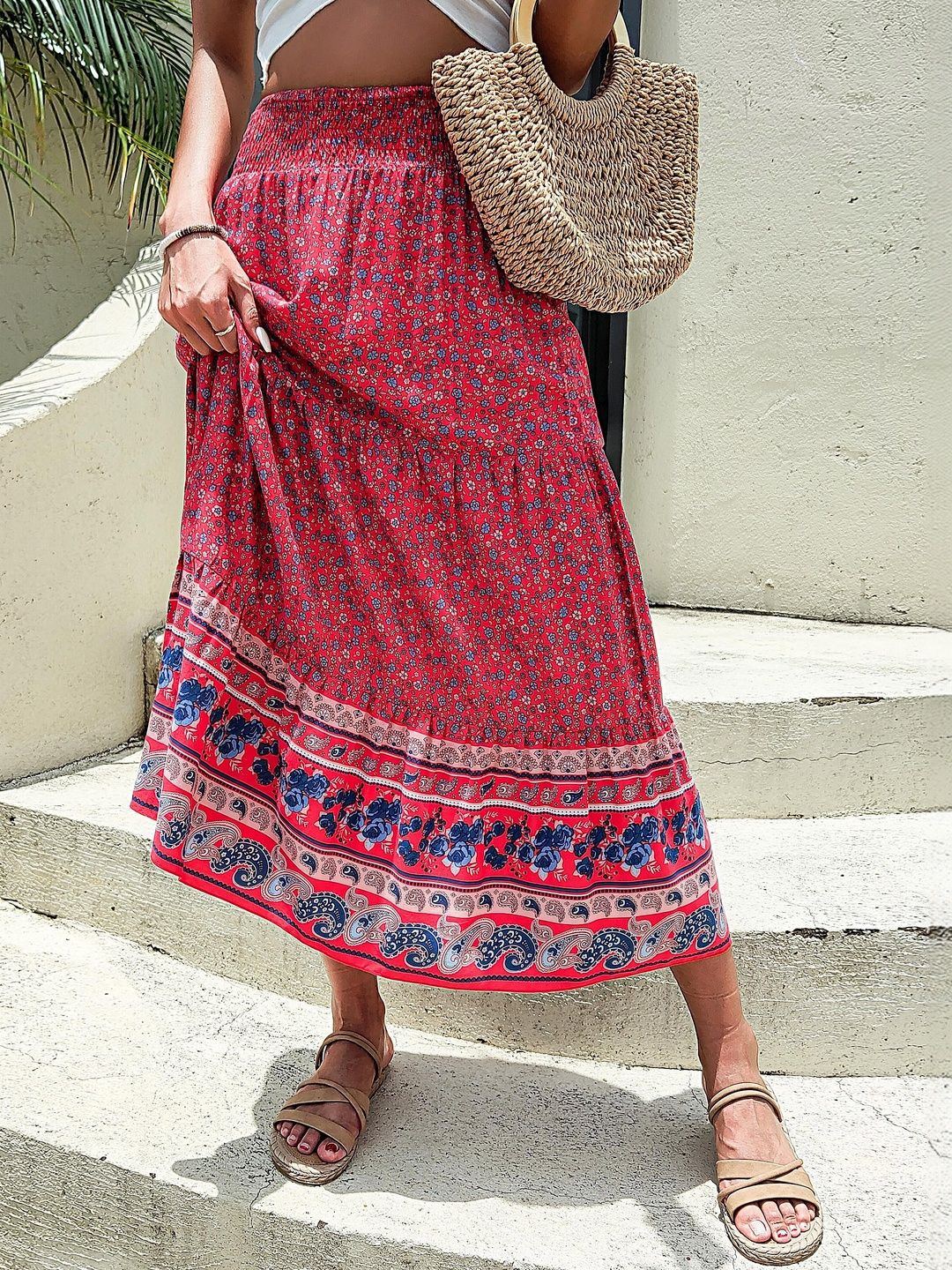 Printed Flared Mid Rise Maxi Skirts