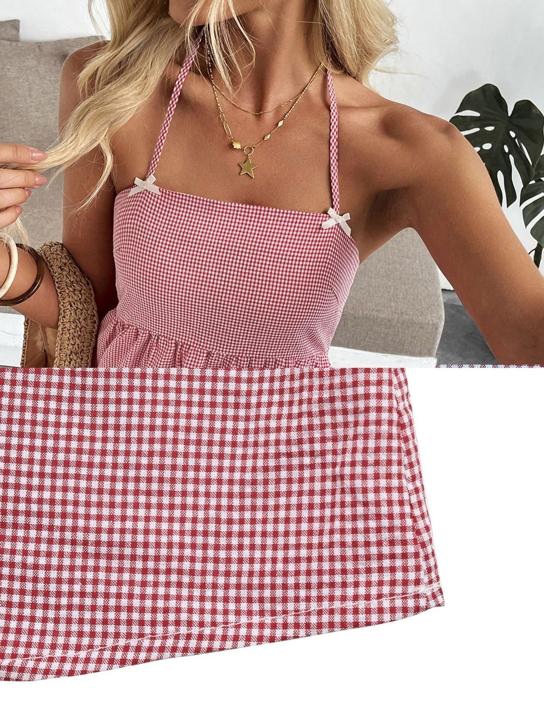 Checked Halter Neck Cotton Top