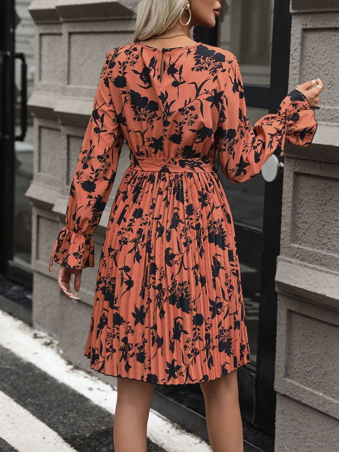 Women's Orange Floral Print Flared Sleeve Fit & Flare Dress