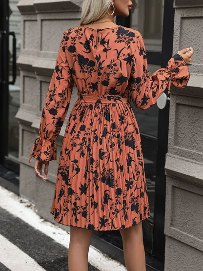 Women's Orange Floral Print Flared Sleeve Fit & Flare Dress