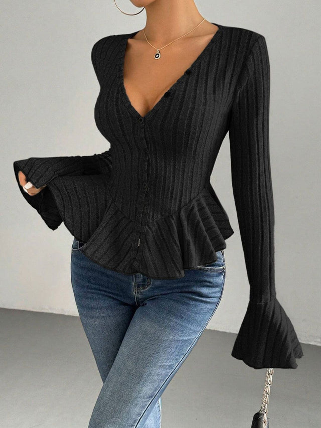 Bell Sleeve Cotton Peplum Top - Nowi Korean Fashion