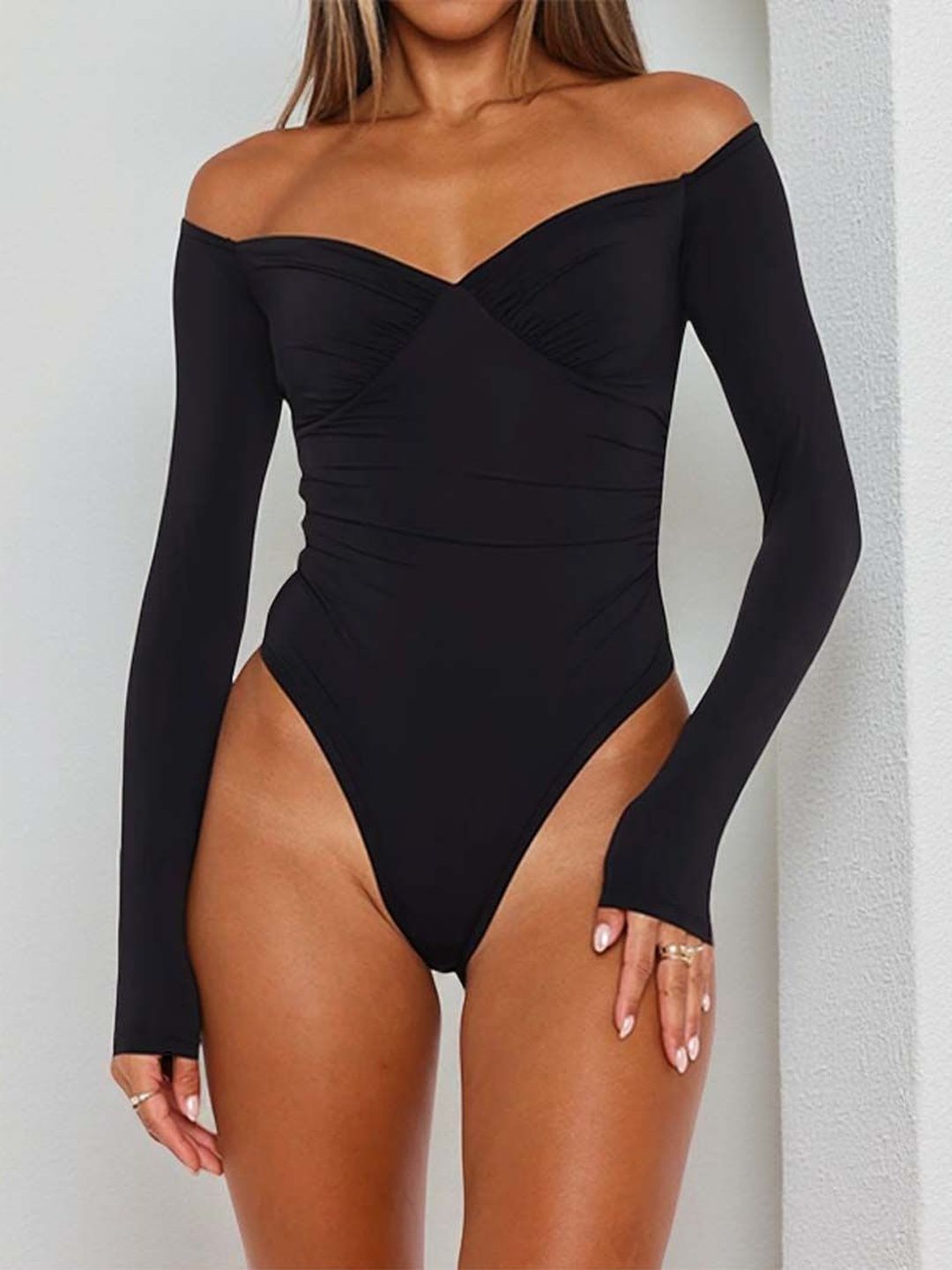 Women's Black V-Neck Bodysuit Blend Printed