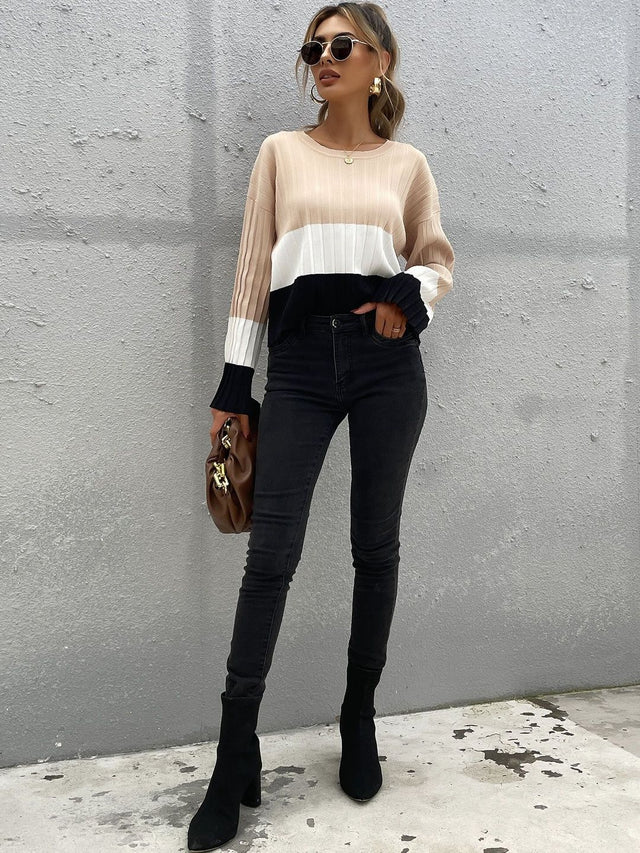 Colourblocked Pullover in Beige - Nowi Korean Fashion
