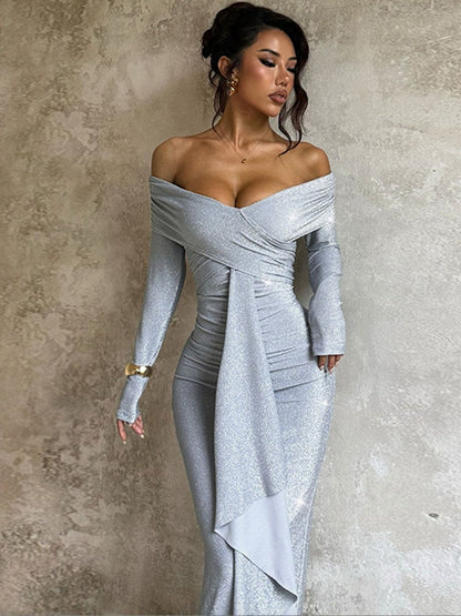 Off-Shoulder Bodycon Maxi Dress in Silver polyester - Nowi Korean Fashion