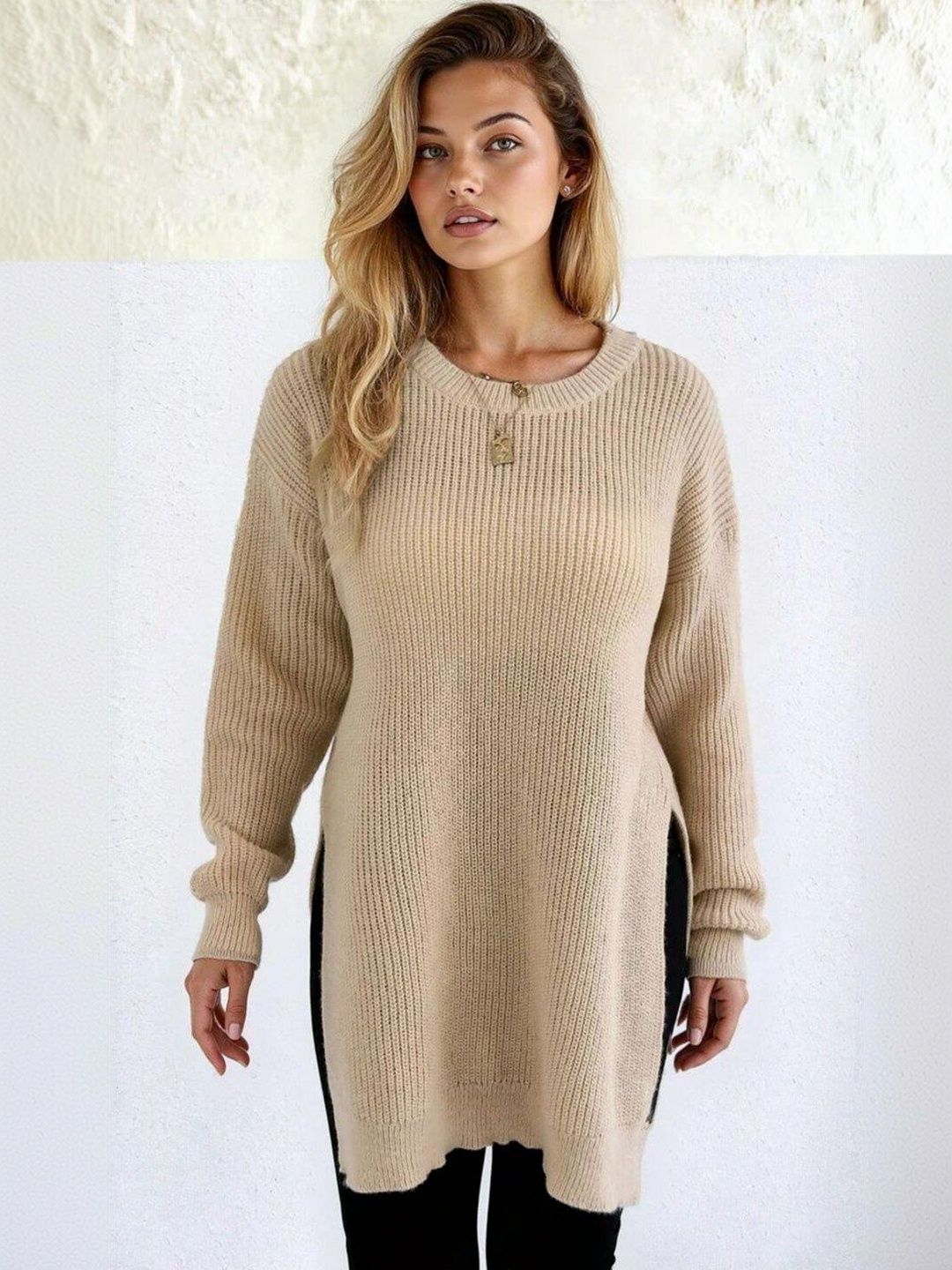 Ribbed Longline Pullover in Beige acrylic - Nowi Korean Fashion