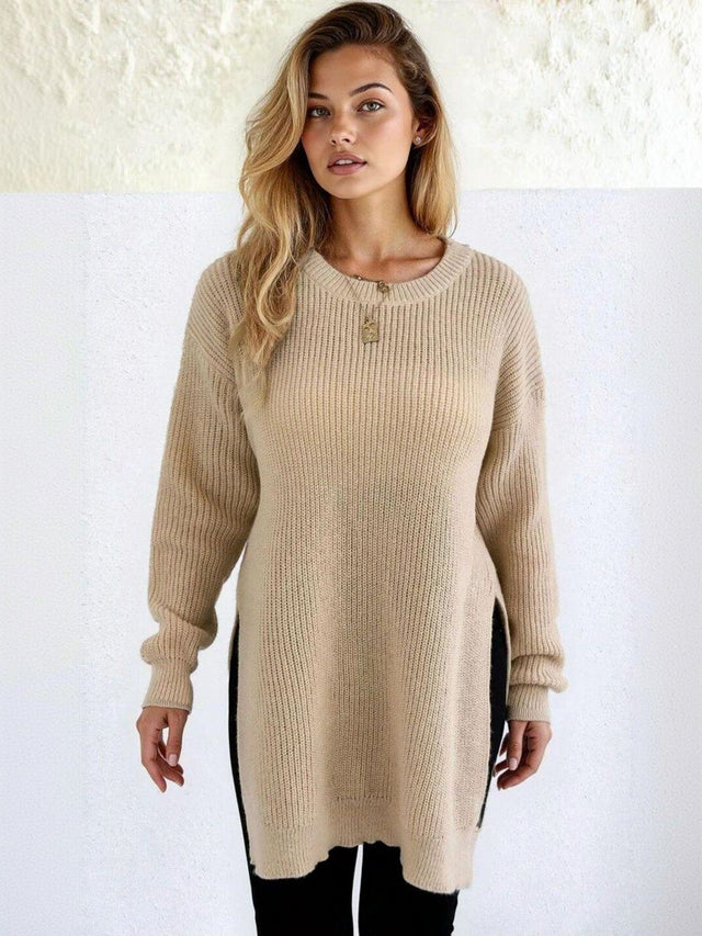 Ribbed Longline Pullover in Beige acrylic - Nowi Korean Fashion