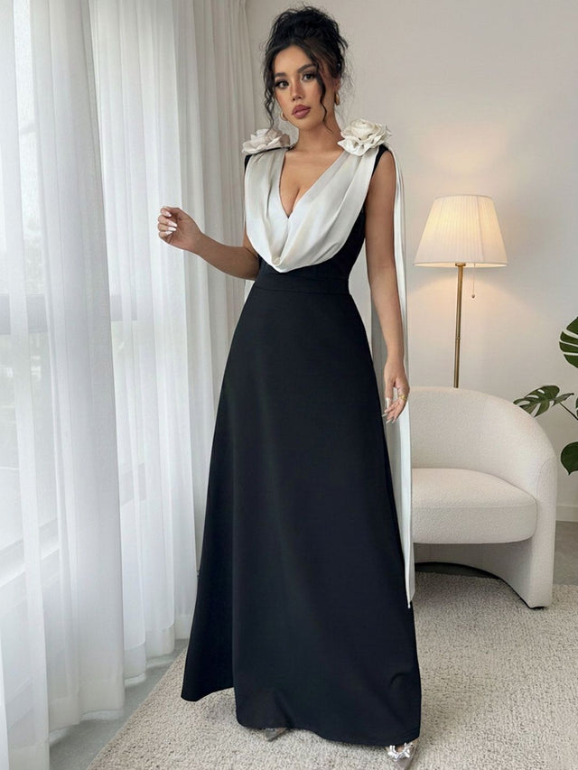 Colourblocked Ruffled A-Line Maxi Dress in Black polyester - Nowi Korean Fashion