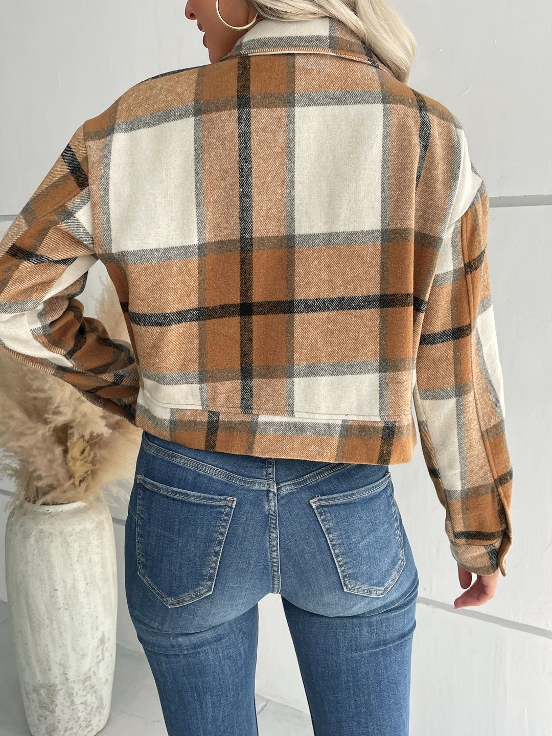 Women Checked Crop Tailored Jacket